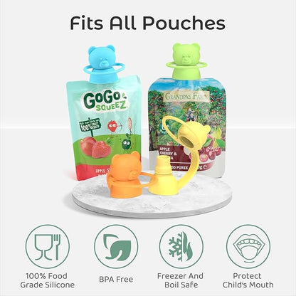 Soft Sip Food Pouch Topper - BPA Free Silicone Food Pouch Tops for Baby Prevent Spills, Food Grade Toddler Pouch Lids Protects Childs Mouth, 4 Pack Bundle (Blue, Green, Yellow, Orange)