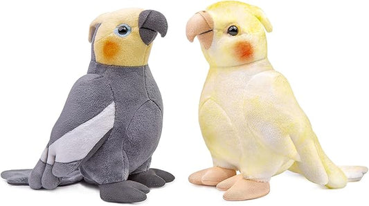 ZHONGXIN MADE Cockatiel Plush Toy Set - 2pcs Simulation Yellow and Grey Parrot Stuffed Animal, Cute Little Bird Doll as Gift for Your Friends 7 Inch