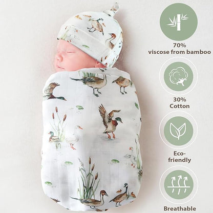 LifeTree Muslin Swaddle Blankets, Muslin Baby Boy Swaddle Blanket and Hat Set with Birth Announcement Card, Newborn Unisex Receiving Blankets Mallard Duck