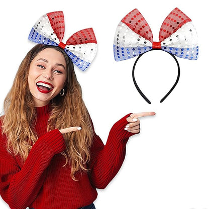 Hairband - 4th of July Decorations Bow Headband with Tassel, Sequins Red Blue White