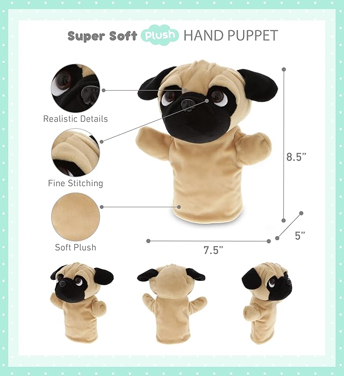 DolliBu Pug Dog Hand Puppet - Super Soft Plush Pug Stuffed Animal Hand Puppets for Kids, Cute Educational Pug Hand Puppets for Adults Teaching and Story Telling Puppet Show Theater Games 8.5 Inches