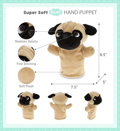 DolliBu Pug Dog Hand Puppet - Super Soft Plush Pug Stuffed Animal Hand Puppets for Kids, Cute Educational Pug Hand Puppets for Adults Teaching and Story Telling Puppet Show Theater Games 8.5 Inches