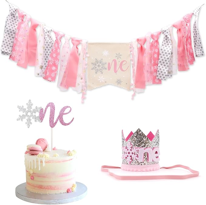 Winter Onederland Highchair Banner, Snowflake One Cake Topper Crown Hat Latex Balloons For Baby Girls Winter First Birthday Party Decorations 4