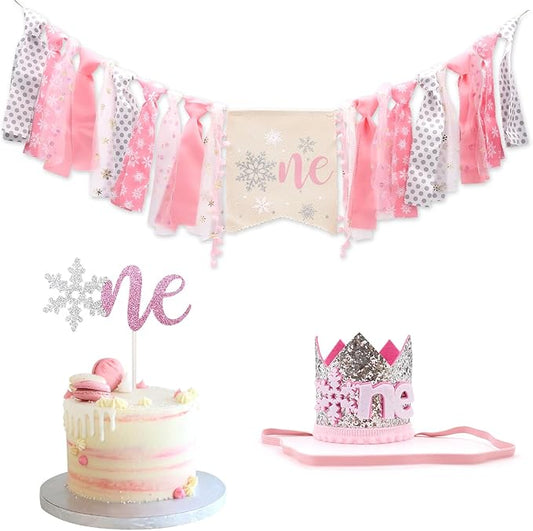 Winter Onederland Highchair Banner, Snowflake One Cake Topper Crown Hat Latex Balloons For Baby Girls Winter First Birthday Party Decorations 4