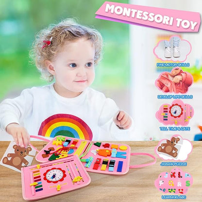 Guolely Busy Board Montessori Toy for 1 2 3 4 Year Old Toddlers - Educational Activity Developing Sensory Board for Basic Dress Fine Motor Skills
