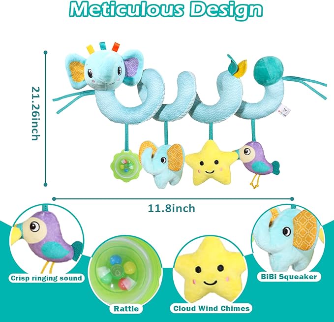Spiral Car Seat Toys Stroller Toy for Babies - Baby Crib Hanging Rattles Toys for Babies 0-12 Months, Carseat Pram Crib with Musical Rattle Toy for Newborn Boys Girls Gifts（Elephant）