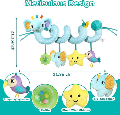 Spiral Car Seat Toys Stroller Toy for Babies - Baby Crib Hanging Rattles Toys for Babies 0-12 Months, Carseat Pram Crib with Musical Rattle Toy for Newborn Boys Girls Gifts（Elephant）