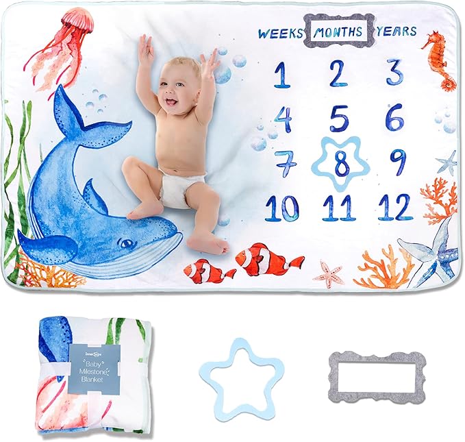 Baby Milestone Blanket| Original Design Baby Monthly Milestone Blanket Boy Girl 60'x40' Ocean