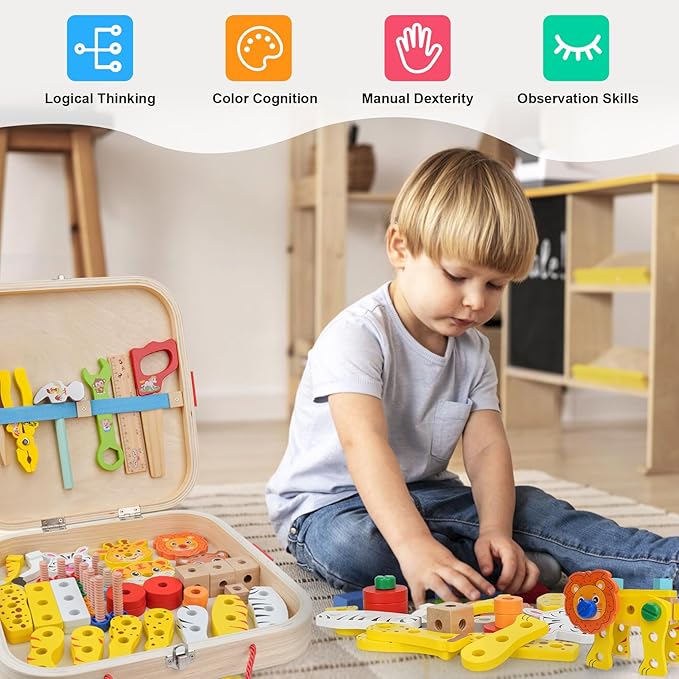 Wooden Animal Tool Box for Kids, Contains Stickers, Screws, Assembly Tools, Animal Building Blocks, Children's Montessori Building Block Assembly Toy, Ideal Gift for Boys and Girls 3，4，5，6