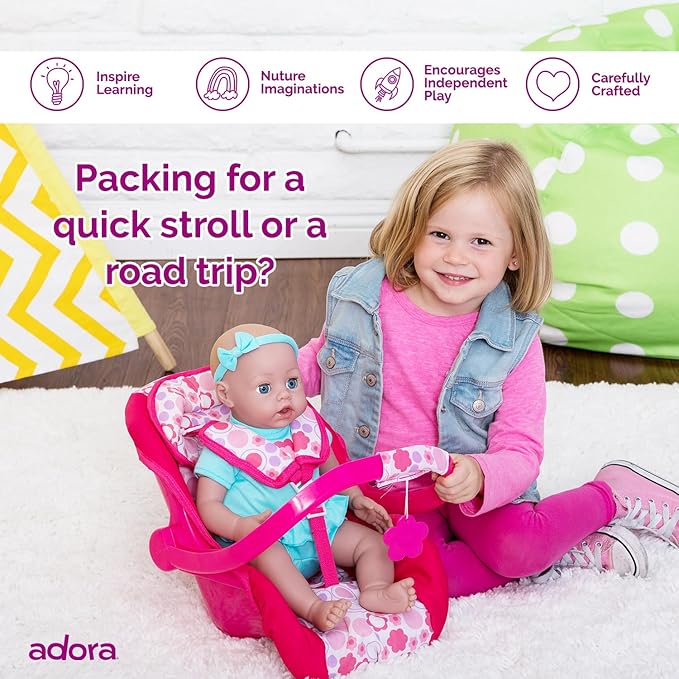 Adora Baby Doll Car Seat with Removable Seat Cover - Machine Washable, Fits Most Dolls & Plush Animals Up To 20” 2+ -