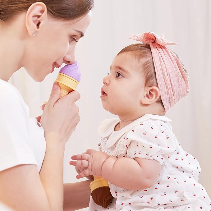 Smily Mia Baby Fruit Food Feeder & Freezer Teether Combo, Icy Bite Ice Cream Teether for Baby Cooling Relief 3 Month+,Purple