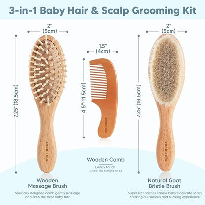 Baby Hair Brush and Comb Set for Newborns & Toddlers - Wooden Baby Brush Set With Soft Goat Bristle and Toddler Comb, Ideal for Cradle Cap