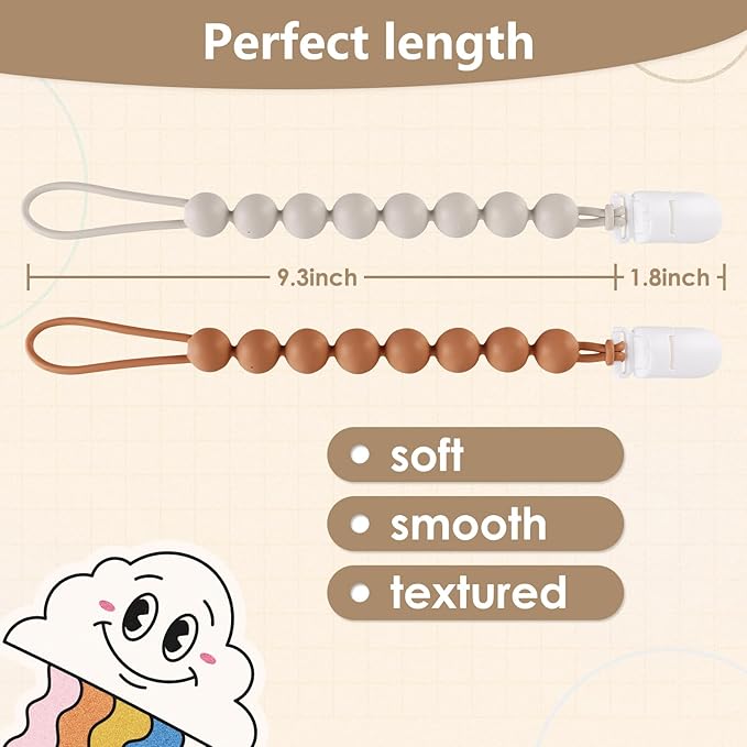 6-Pack Silicone Pacifier Clips for Baby Boys and Girls - One-Piece Beads, Rust-Free Holders