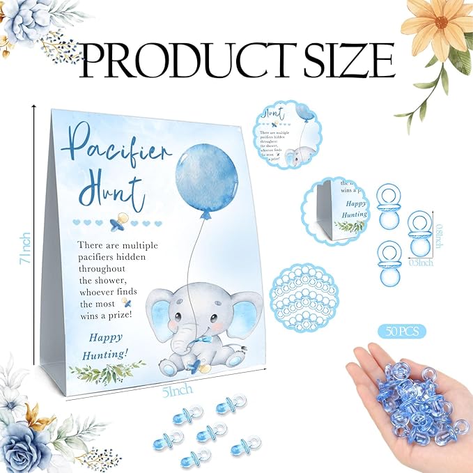 51Pcs Cute Elephant Decor Baby Shower Games, Include Baby Pacifier Hunt Sign and 50 Blue Mini Pacifiers