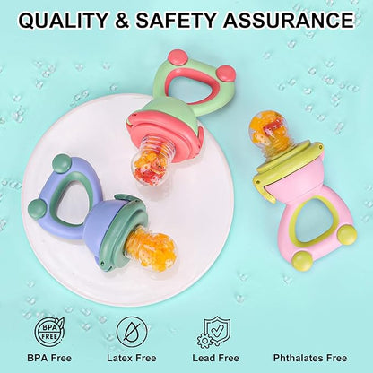Baby Fruit Food Feeder Pacifier - Fresh Fruit Teething Toy 6M+, BPA Free Safely Introduce Solids Teething Relief Toy Includes Add Silicone Sacs 2-Pack (Blue)