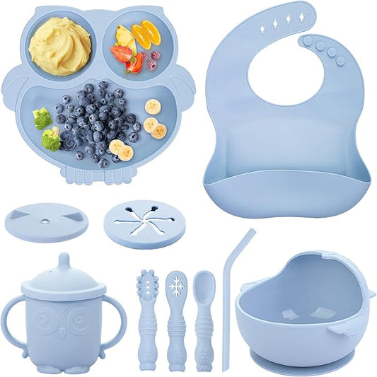 Baby Weaning Set, Silicone Baby Feeding Set(10 Pcs), Toddler Weaning Set with Adjustable Bib, Suction Bowl, Plate, Fork, Spoon, Water & Snack Cup Kit, Baby Led Weaning Kit for Babies and Kids