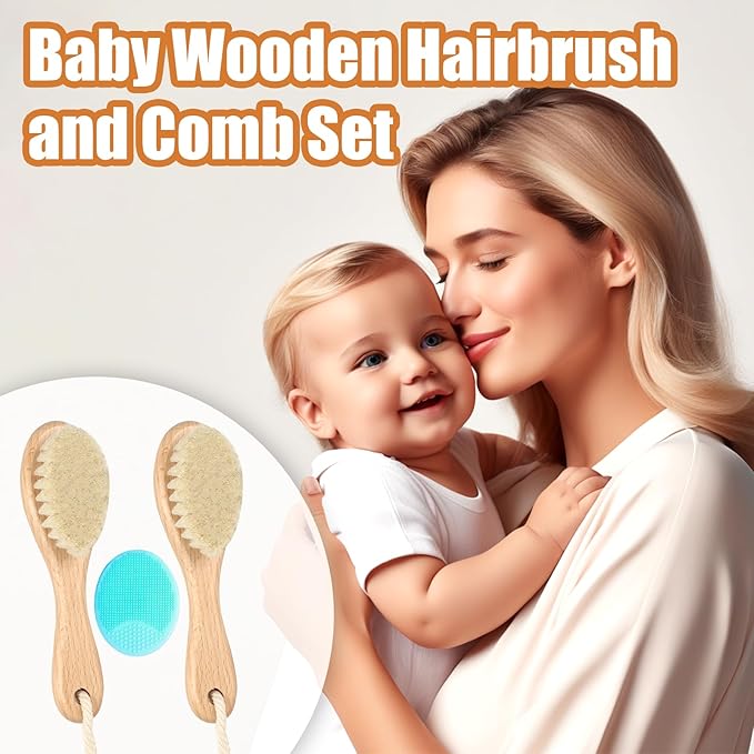 Wooden Baby Hair Brush and Comb Set, 2Pcs Natural Soft Goat Bristles Brush with Baby Shower Scrubber Perfect Scalp Grooming Product for Newborn, Toddler, Infant (Green)