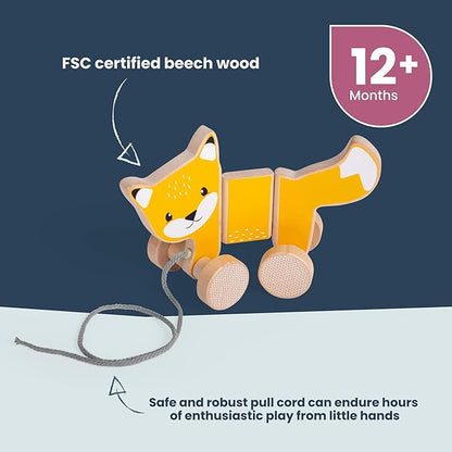 Bigjigs Toys FSC Certified Fox Pull Along Toy - Eco-Friendly Wooden Fox with Grey Pull Cord, Quality Pull Along Toys for 1 Year Olds