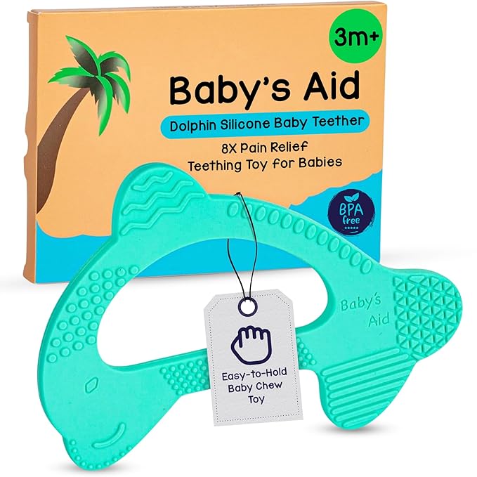 Baby’s Aid Dolphin Silicone Baby Teether, Easy to Hold Teething Toy for Pain Relief 3+ Months, 8X Teething