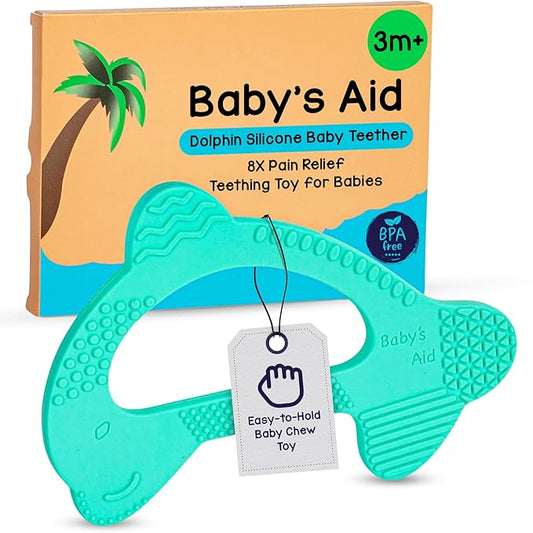 Baby’s Aid Dolphin Silicone Baby Teether, Easy to Hold Teething Toy for Pain Relief 3+ Months, 8X Teething