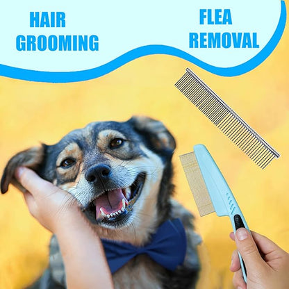 Dog Brush Dog Grooming Kit 5PCS - Dog Brushes for Grooming, Dog Brush for Shedding,Puppy Brush and Flea Comb for Dogs, Slicker Brush for Dogs Comb and Dog Hair Brush Set Blue