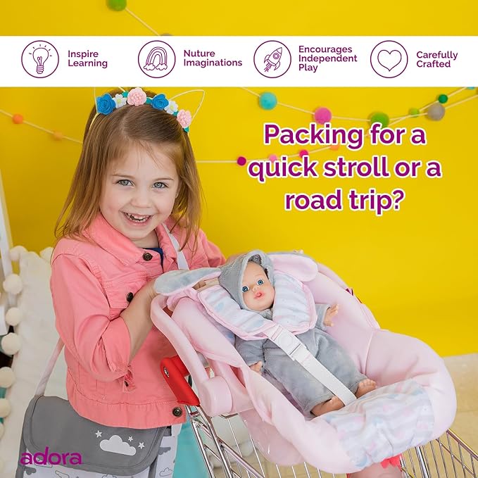 Adora Baby Doll Car Seat Carrier with Removable Seat Cover - Machine Washable, Fits Most Dolls & Plush Animals Up To 20” 2+ -