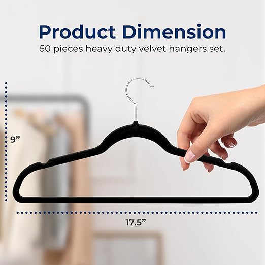 SereneLife Premium Non-Slip Velvet Hangers-Space Saving Heavy Duty Slim Suit Clothes Hanger Set with 360 Degree Swivel Metal Hook,Can Hold Up to 10 Lbs.for Coats, Jackets,Pants & Dress (50-Pack),Black