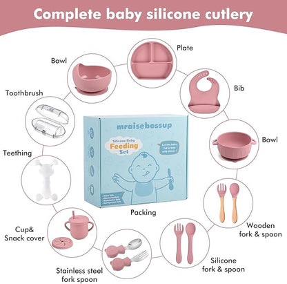 Silicone Baby Feeding Set 15 Pcs，Baby Spoons Suction Bowl Divided Plate Bib Cup Finger Brush Teething Teether，Baby Led Weaning Supplies,Baby & Toddler Silicone Plates and Bowls Dining Set（pink）