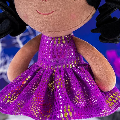 Gloveleya Soft Dolls Plush Figure Brown Skin Glitter Purple Dress 12inches