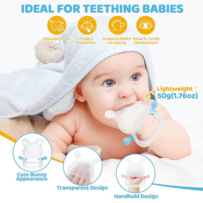 Orzbow Bunny Teething Toys for 3-12 months Baby Teether Bpa Free Food Grade Silicone, Easy to Grip Anti-Drop Hand Teething Mitten