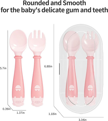 Deejoy Toddler Utensils with Travel Case, Baby Spoons and Forks Set for Self Feeding, Silicone Bendable Handle, Easy Grip Heat-Resistant, Self-feeding Flatware Sets for Kids (Stage 2) Pink
