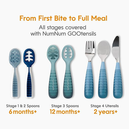 NumNum Baby Spoons Set, Pre-Spoon GOOtensils for Kids Aged 12+ Months - First Stage, Baby Led Weaning (BLW) Spoon - Self Feeding, Silicone Toddler Food Utensils - 1-Pack, 4 Spoons, Blue/Green