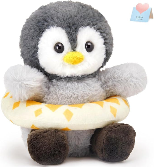 Houwsbaby 8" Cuddly Penguin Stuffed Animal,Penguin Plush Toy with Yellow Swimming Circle