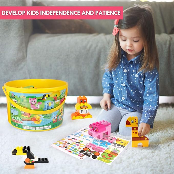Animals Building Blocks Set, 122 Pieces Animal Building Toy Kit with Storage Box for Kids Ages 3 4 5 6 Years