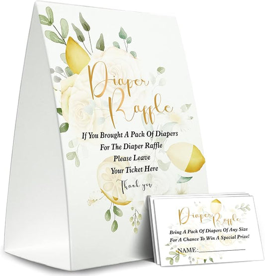 Diaper Raffle Sign,Diaper Raffle Baby Shower Game Kit (1 Standing Sign + 50 Guessing Cards) Diapers-XN14