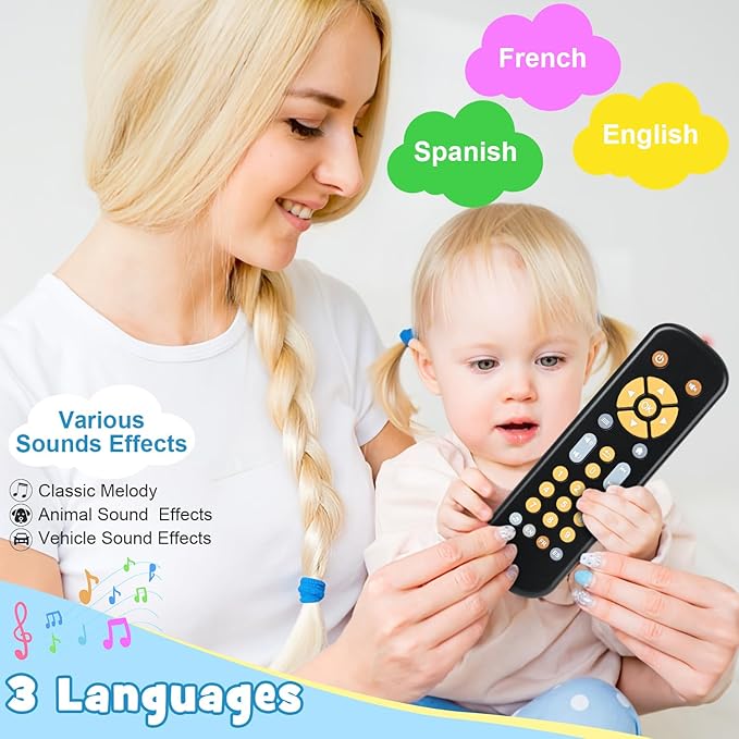 Baby TV Remote Control Toy with Sound and Light, Music Toys for Baby 6-24 Months 3 Language 6 12 18 Month