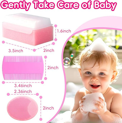 Cradle Cap Brush for Babies, Baby Bath Essentials with Silicone Scrubber Bath Sponge Dual-Sided Comb for Newborns Toddlers Boys Girls (Pink, Set of 5)