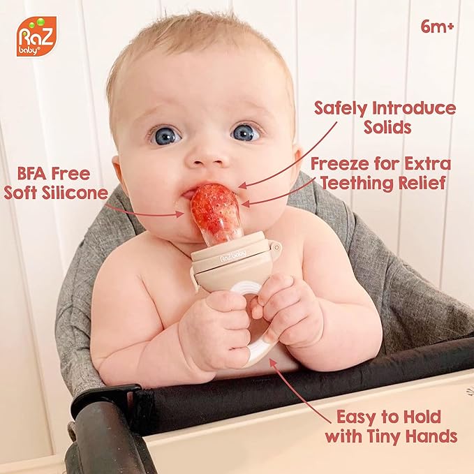 RaZbaby Baby Fruit Feeder/Food Feeder Pacifier | Infant Teething Toy Teether 6M+, Add Baby's Favorite Frozen Fruit or Fresh Food for Teething Relief