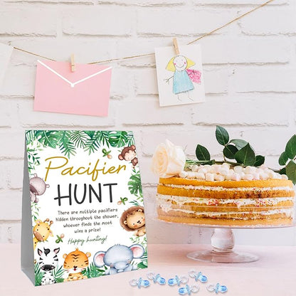 51Pcs Cute Animals Decor Baby Shower Games, Include Baby Pacifier Hunt Sign and 50 Blue Mini Pacifiers
