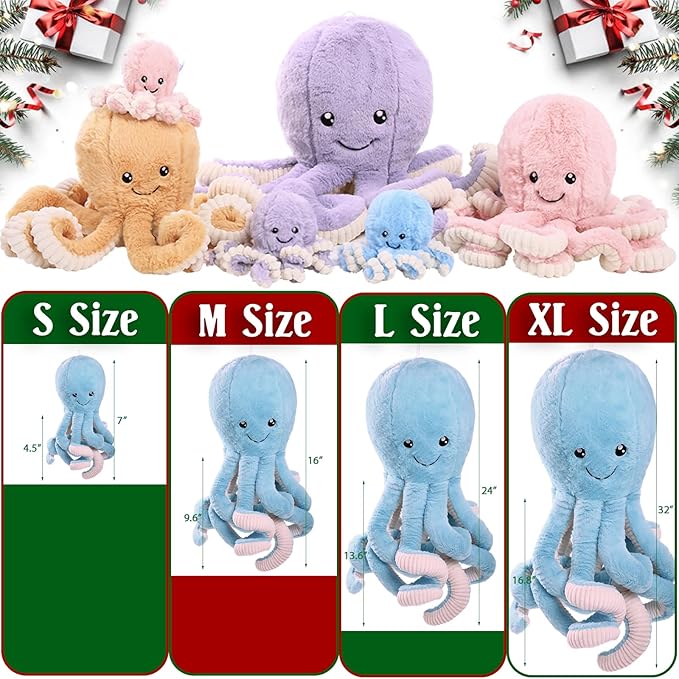DENTRUN Octopus Stuffed Animals, Giant Octopus Plush Doll Play Toys for Kids Girls Boys Adults Birthday Xmas Halloween Present Stuffed Sea Animals Plushie 7/16/24/32 Inches, 5 Colors
