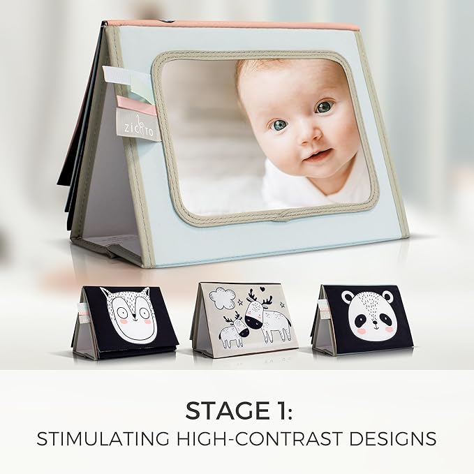 Soft Tummy Time Book w/ Large Stimulating Baby Safe Mirror - Fun High Contrast Montessori Toy w/ Mirror, Crinkle Filling & Silicone Teether
