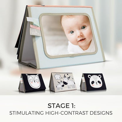 Soft Tummy Time Book w/ Large Stimulating Baby Safe Mirror - Fun High Contrast Montessori Toy w/ Mirror, Crinkle Filling & Silicone Teether