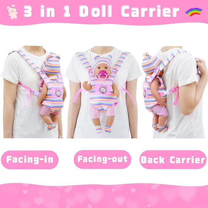 Baby Doll Carrier for 16-18 Inch Dolls,Baby Doll Carrier Backpack with Baby Doll Clothes and Accessories Included Baby Carrier for Little Girl