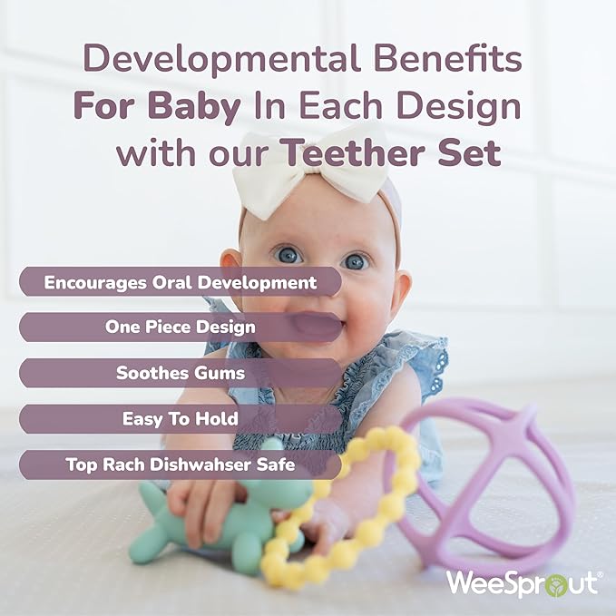 WeeSprout Handheld Teether Set (Matte Green, Pink & Off White)
