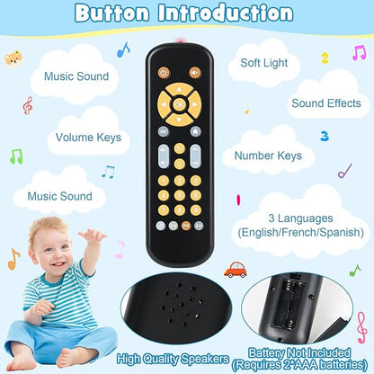 Baby TV Remote Control Toy with Sound and Light, Music Toys for Baby 6-24 Months 3 Language 6 12 18 Month
