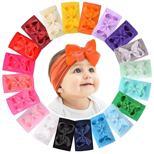 doboi 20pcs Baby Headbands and Hair Bows Set - 4 Inches Nylon Headbands with Bows for Newborns, Infants