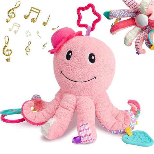 Infant Baby Musical Stuffed Animal Activity Soft Toys, Baby Teething Toys with Multi-Sensory Crinkle 0-3-6-12 Months