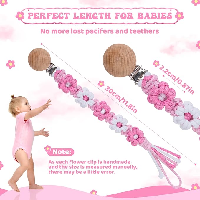 Pacifier Clip for Boys Girls Floral Daisy Macrame Baby Paci (1pack:Pink Daisy