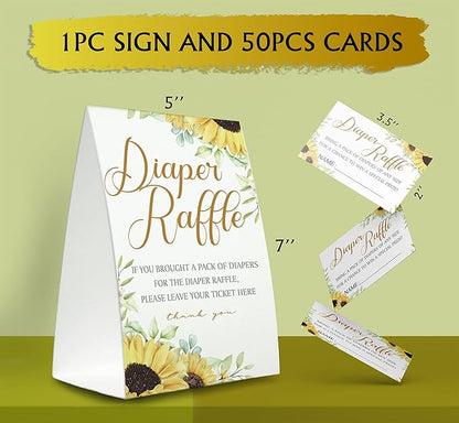 Sunflower Diaper Raffle Sign,Diaper Raffle Baby Shower Game Kit (1 Standing Sign + 50 Guessing Cards) Diapers-N08