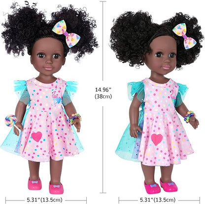 Black Dolls 14.5 Inch Baby Girl Doll with Clothes and Accessories,African Girl Baby Doll Gift for Girls Kids with Doll Pink Flamingo Theme Dress,Camera,Sunglasses Etc